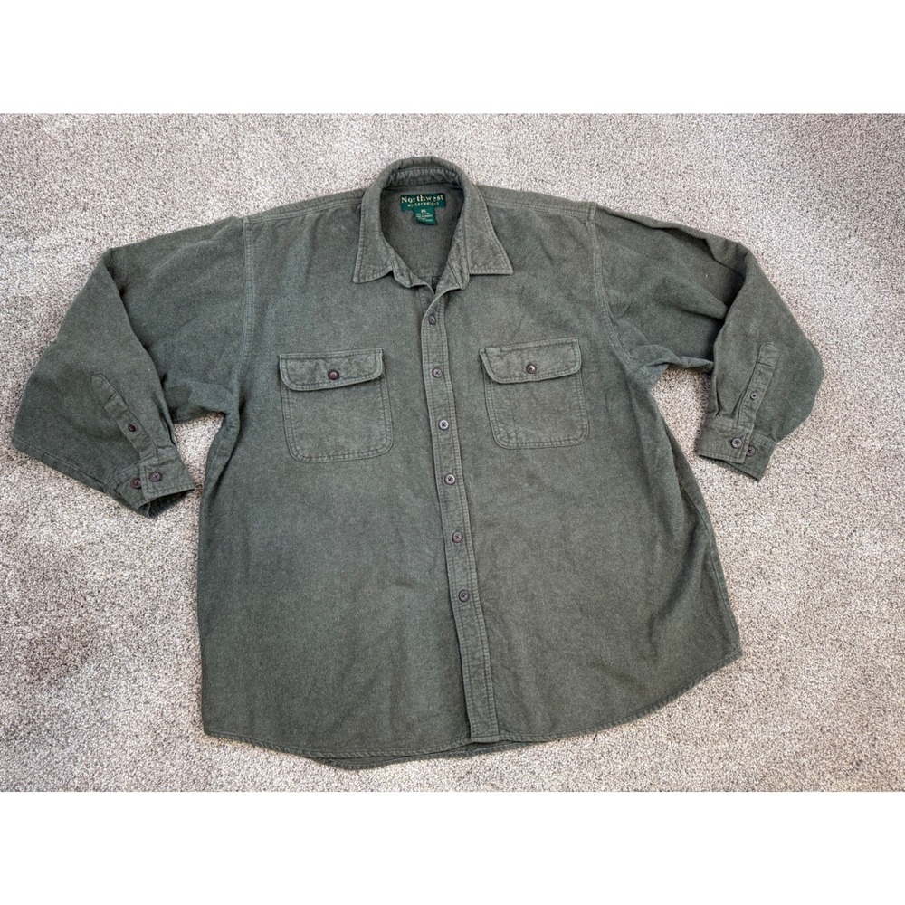 Northwest Winterweight Mens 2XL‎ Olive Green Flannel Shirt 100% Cotton